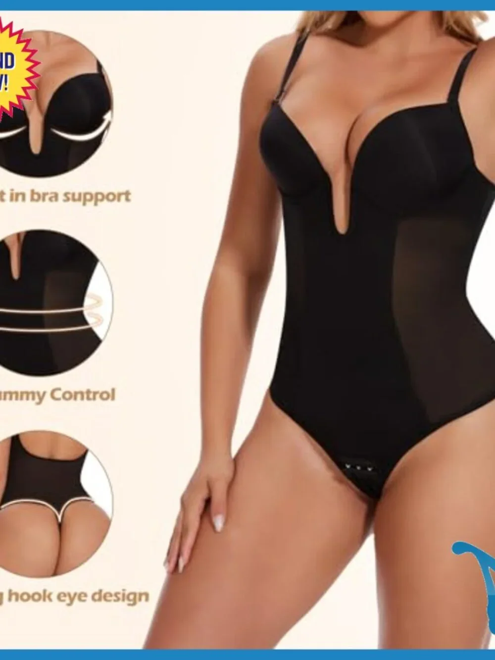 Backless Plunge Shapewear Bodysuit with Built-in Bra Tummy Control
